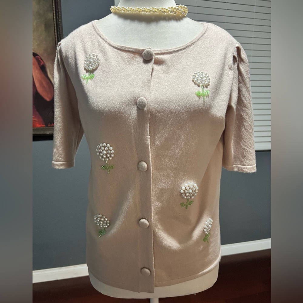 NWT Soft Embellished Beige Cardigan with Floral Pearl Accents